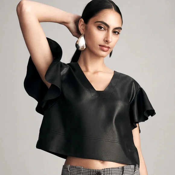 Maeve Cropped Ruffle-Sleeve Blouse - Large - Picture 1 of 7